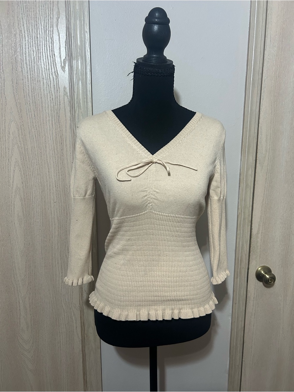 Xhilaration Cream V-Neck Tie-Front Ruffle Hem Sweater